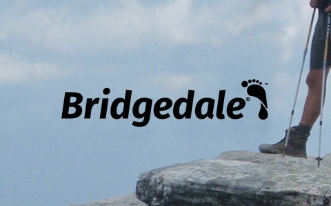 A man is standing on the edge of a big stone, holding trekking poles and wearing Bridgedale socks